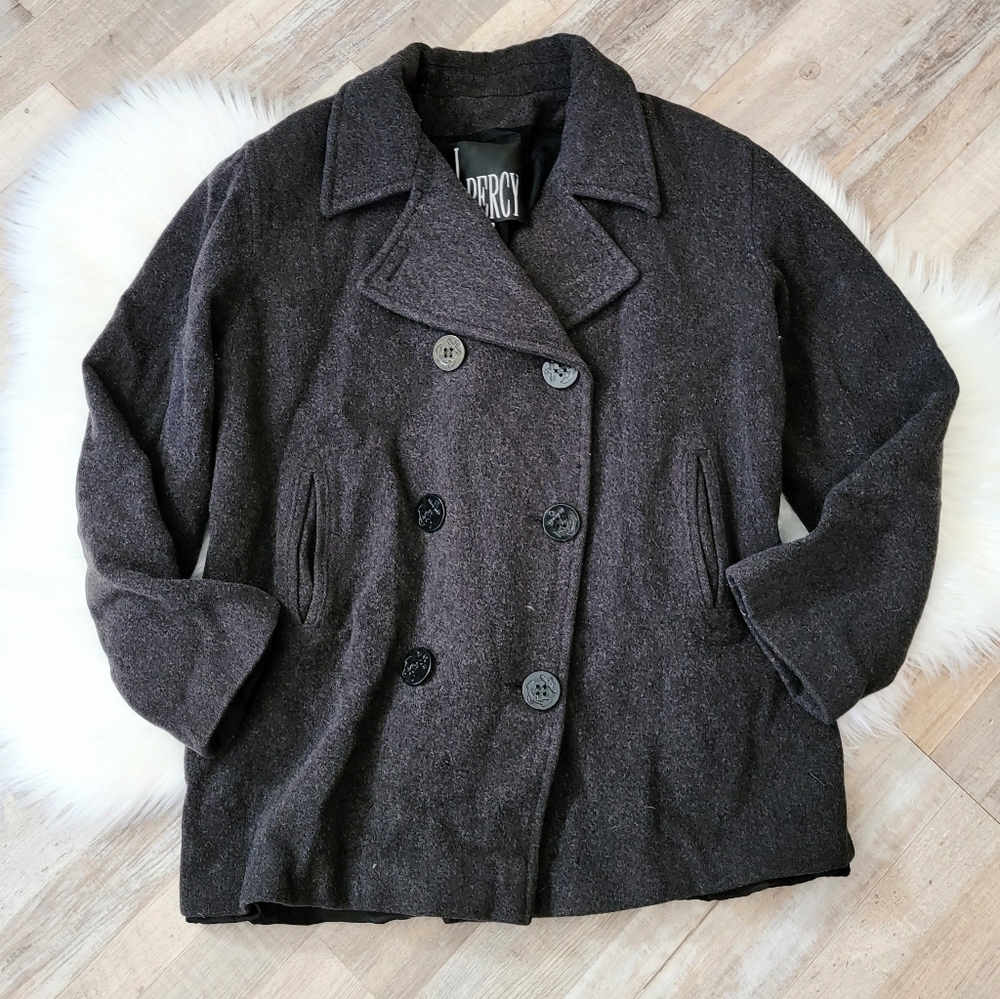 Vintage J Percy Gray Merino Wool Double Breasted Pea Coat Size 14 USA Made